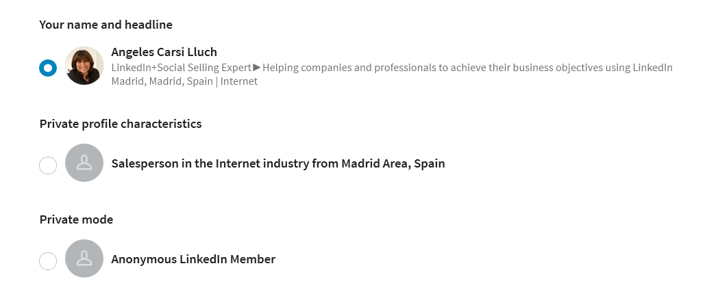 opciones de visualización del perfil de LinkedIn